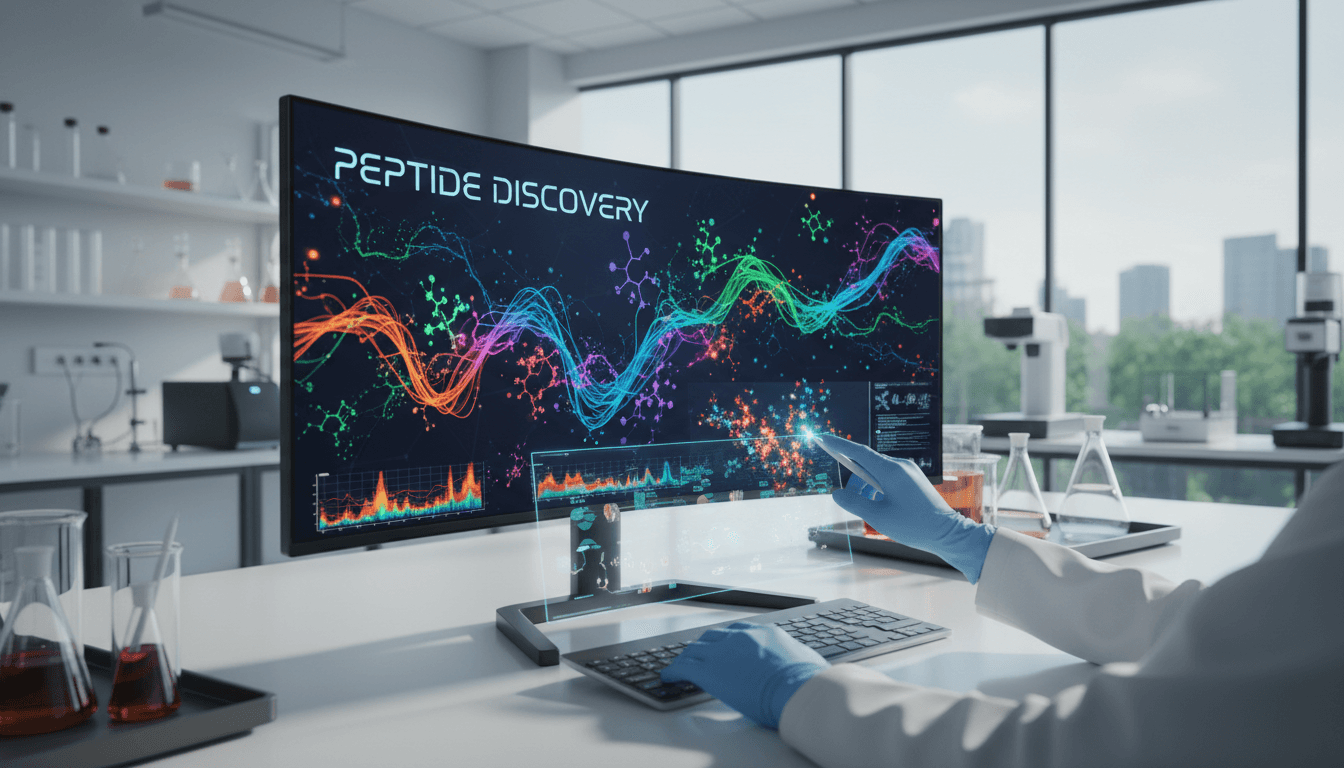 Researcher's hands analyzing colorful biomedical data visualization on computer monitor in bright laboratory workspace