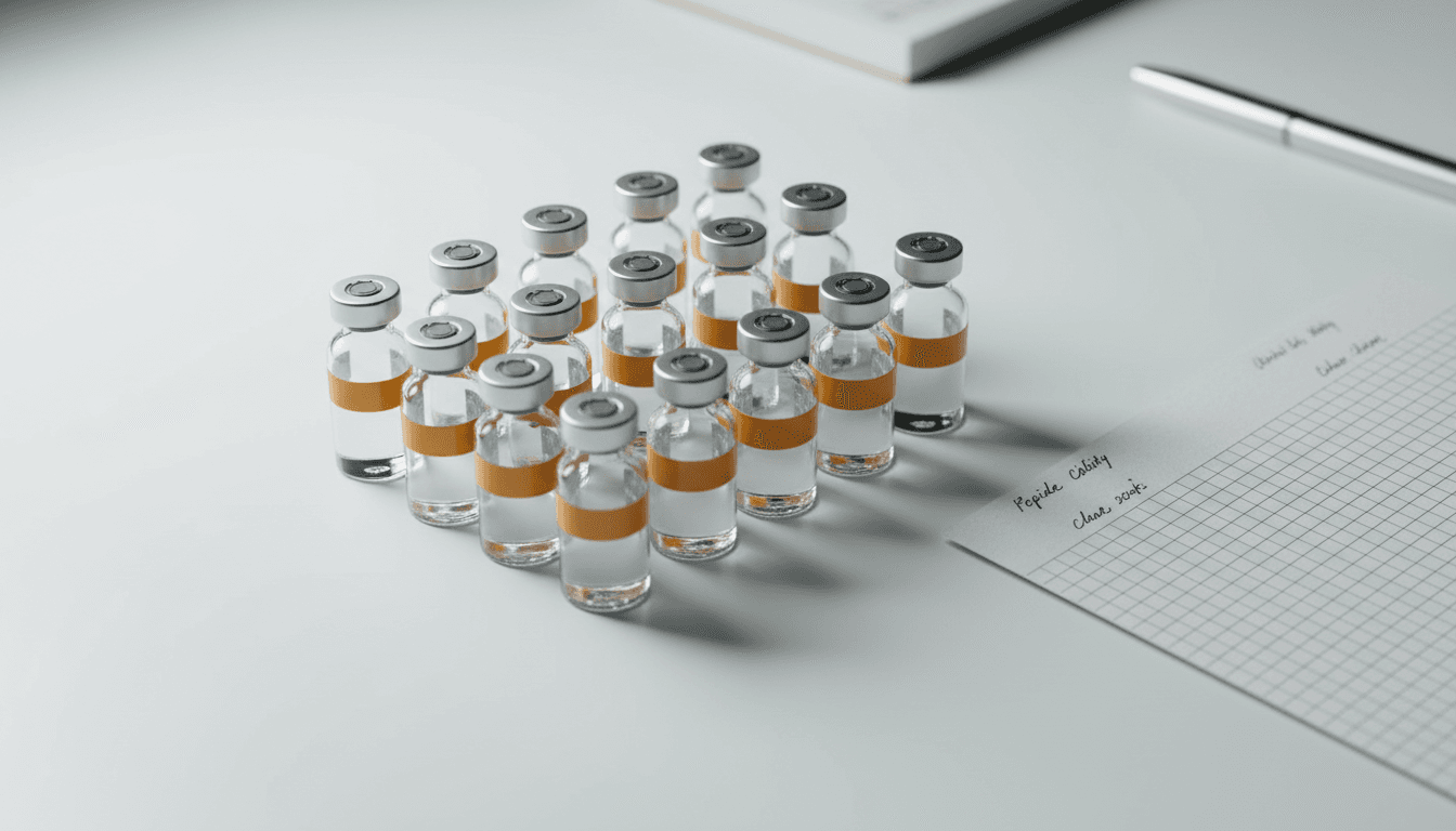 Organized peptide vials and pricing documentation arranged in a clean, structured layout