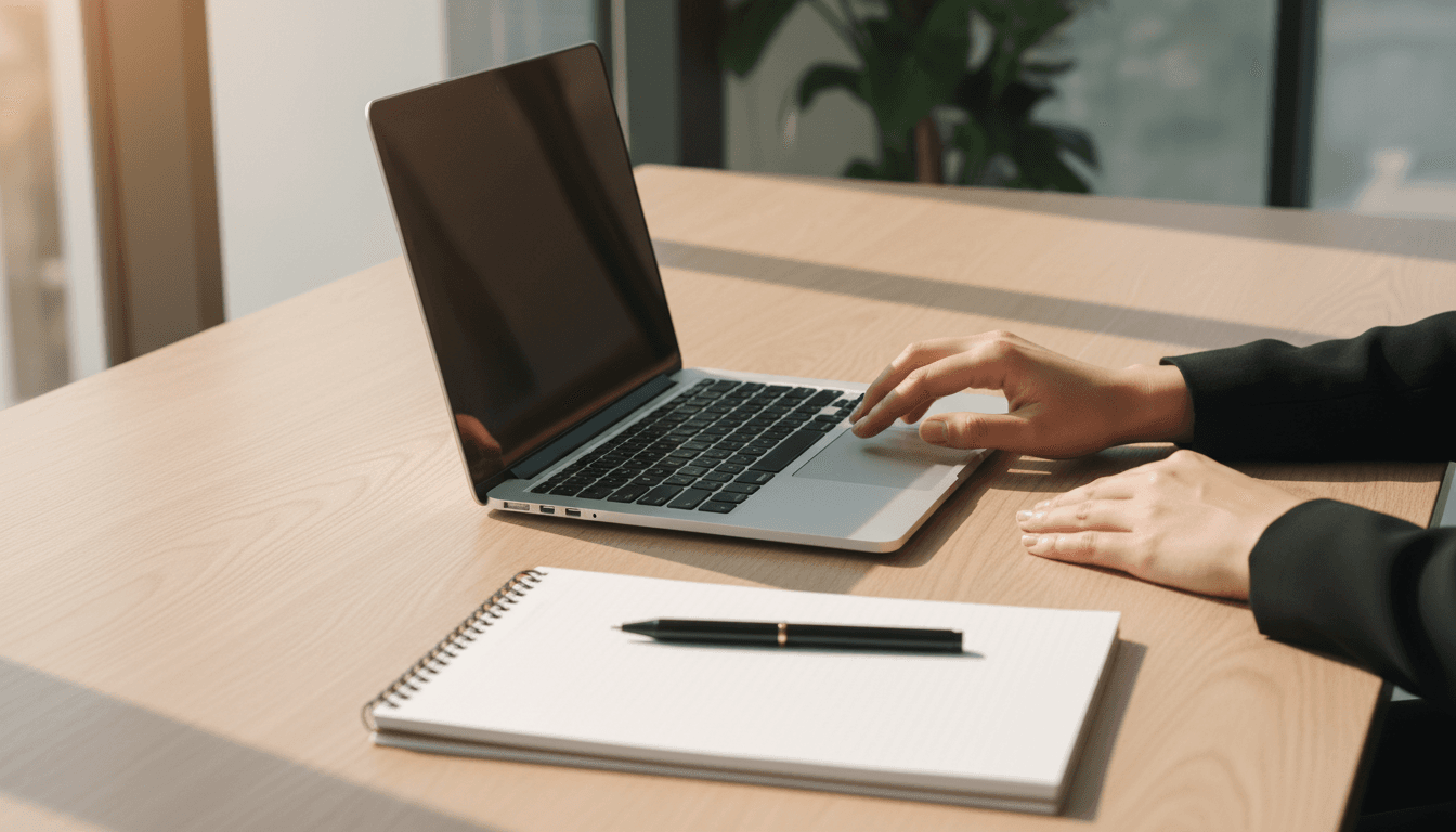 Clean modern desk with laptop and notebook in bright natural light