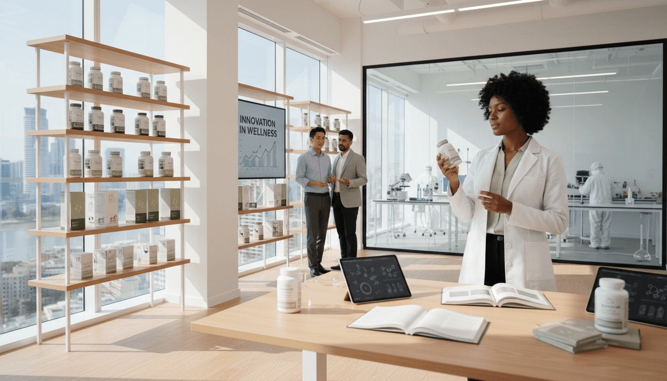 Modern wellness laboratory with peptide vials and research materials on a clean desk with natural lighting